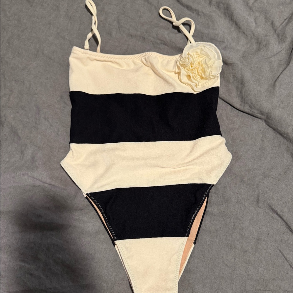 Striped Black and Cream One-Piece Swimsuit